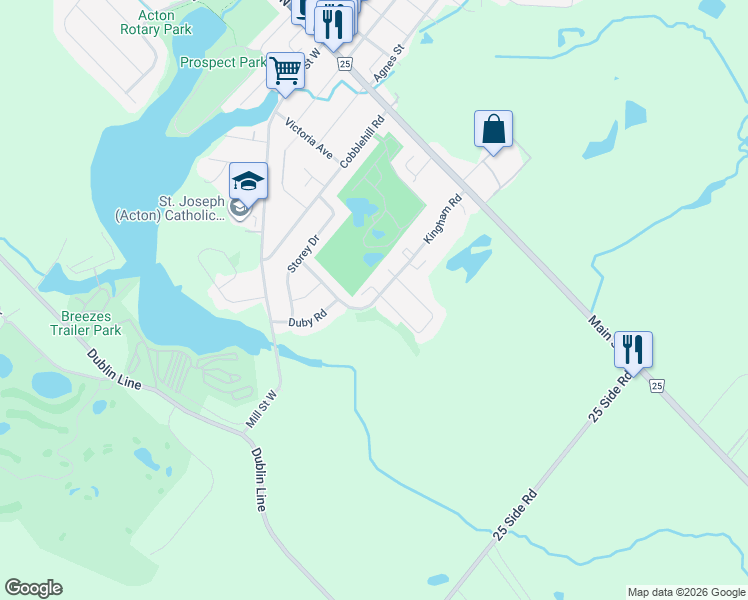 map of restaurants, bars, coffee shops, grocery stores, and more near 227 Kingham Road in Acton