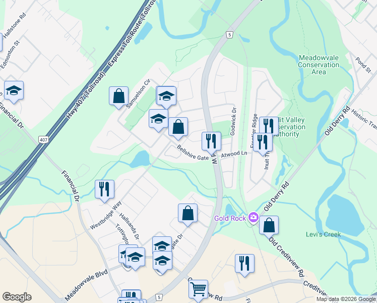 map of restaurants, bars, coffee shops, grocery stores, and more near 7273 Bellshire Gate in Mississauga