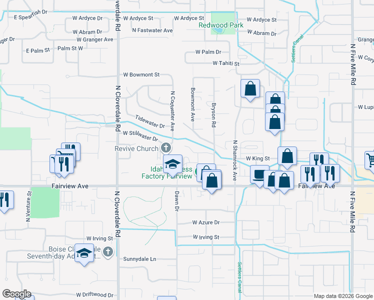 map of restaurants, bars, coffee shops, grocery stores, and more near 11709 West Halstead Court in Boise