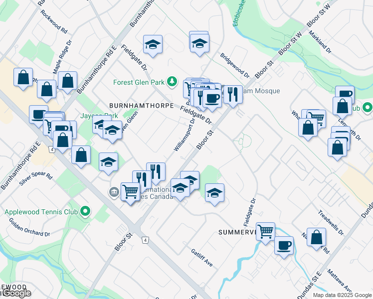 map of restaurants, bars, coffee shops, grocery stores, and more near 1625 Bloor Street in Mississauga