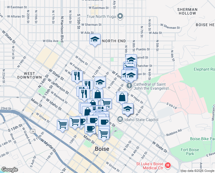 map of restaurants, bars, coffee shops, grocery stores, and more near 1908 West Washington Street in Boise