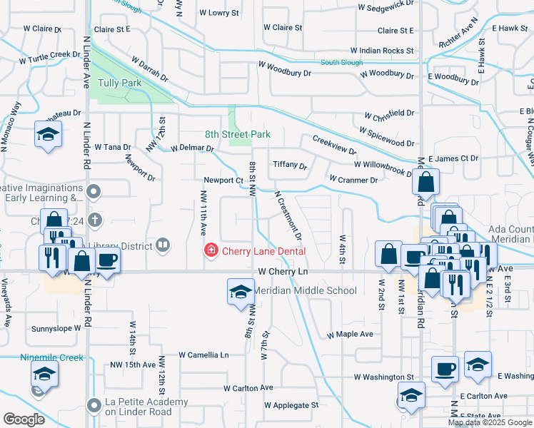 map of restaurants, bars, coffee shops, grocery stores, and more near 712 McGlinchey Avenue in Meridian