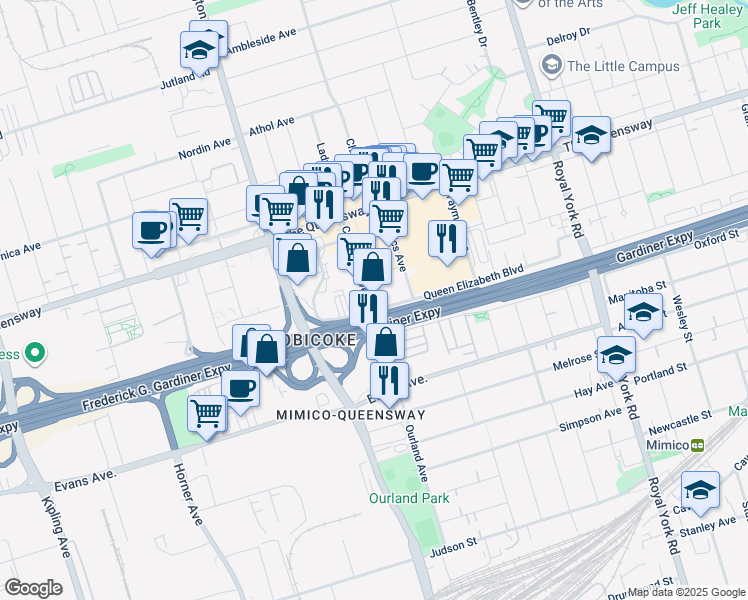 map of restaurants, bars, coffee shops, grocery stores, and more near 80 Queen Elizabeth Boulevard in Toronto