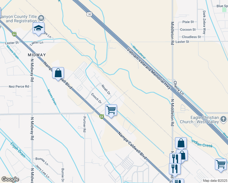 map of restaurants, bars, coffee shops, grocery stores, and more near 104 Isaiah Place in Caldwell