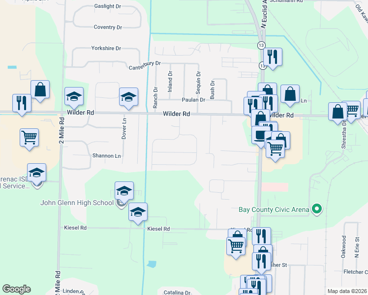 map of restaurants, bars, coffee shops, grocery stores, and more near 3347 Glenbrook Drive in Bay City