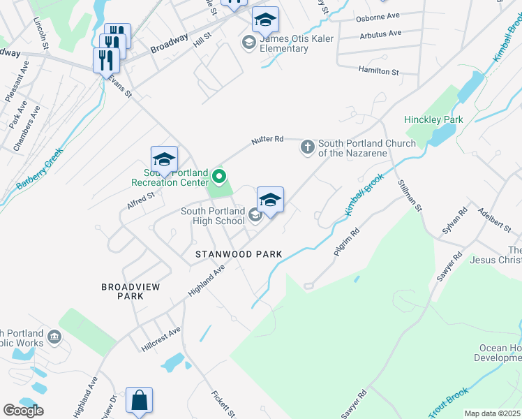 map of restaurants, bars, coffee shops, grocery stores, and more near 637 Highland Avenue in South Portland