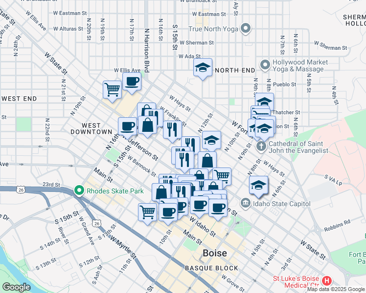 map of restaurants, bars, coffee shops, grocery stores, and more near 1202 West State Street in Boise
