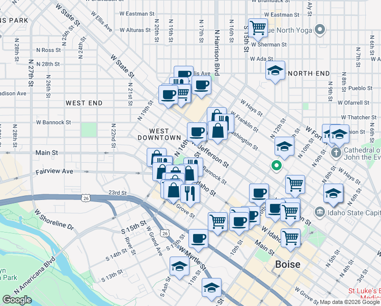 map of restaurants, bars, coffee shops, grocery stores, and more near 1500W West Idaho Street in Boise