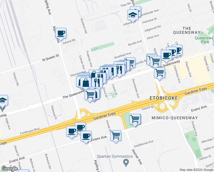 map of restaurants, bars, coffee shops, grocery stores, and more near in Toronto