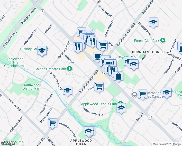 map of restaurants, bars, coffee shops, grocery stores, and more near in Mississauga