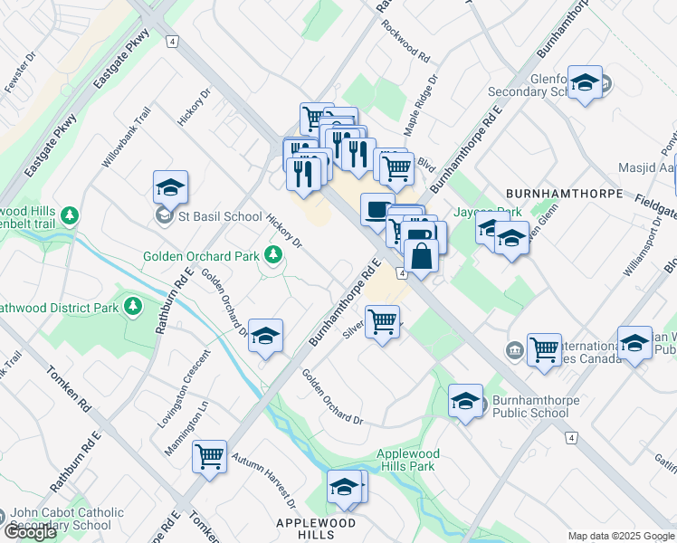 map of restaurants, bars, coffee shops, grocery stores, and more near 4048 Hickory Drive in Mississauga