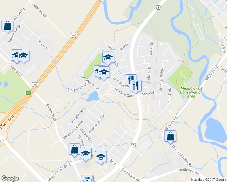 map of restaurants, bars, coffee shops, grocery stores, and more near 7284 Bellshire Gate in Mississauga