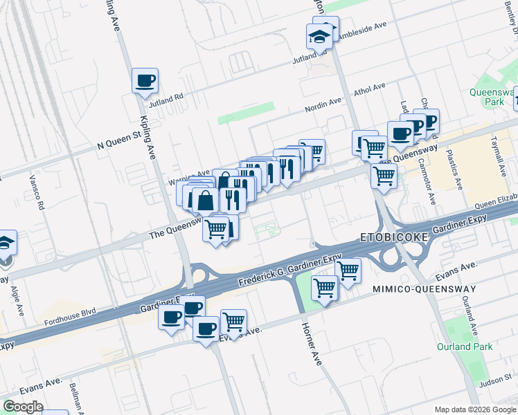 map of restaurants, bars, coffee shops, grocery stores, and more near 1185 The Queensway in Toronto