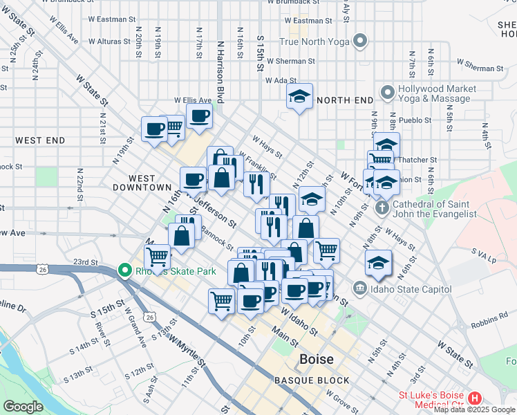 map of restaurants, bars, coffee shops, grocery stores, and more near 1303 West State Street in Boise