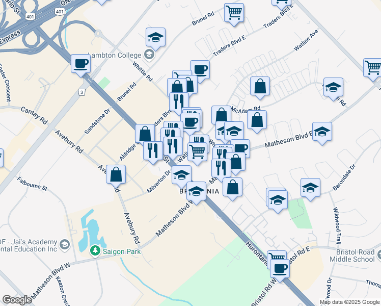 map of restaurants, bars, coffee shops, grocery stores, and more near 57 Watline Avenue in Mississauga