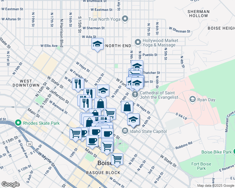 map of restaurants, bars, coffee shops, grocery stores, and more near 919 West Hays Street in Boise