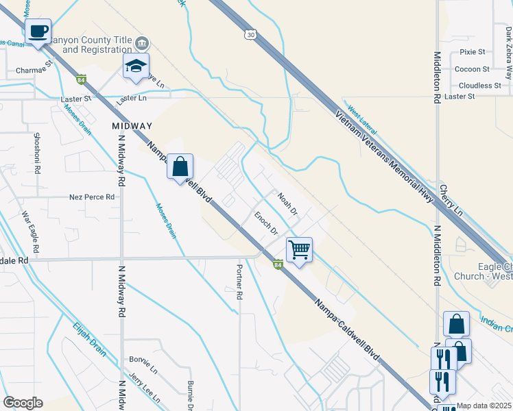 map of restaurants, bars, coffee shops, grocery stores, and more near 304 Abraham Way in Caldwell