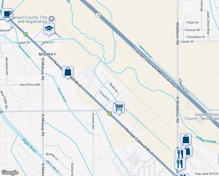 map of restaurants, bars, coffee shops, grocery stores, and more near 7014 Noah Drive in Caldwell