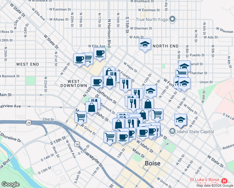 map of restaurants, bars, coffee shops, grocery stores, and more near 1303 West State Street in Boise