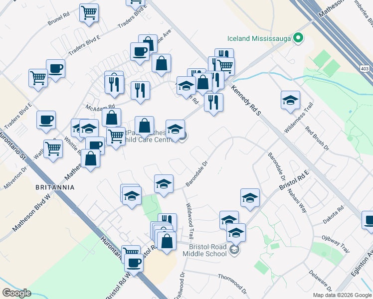 map of restaurants, bars, coffee shops, grocery stores, and more near 5472 Antrex Crescent in Mississauga