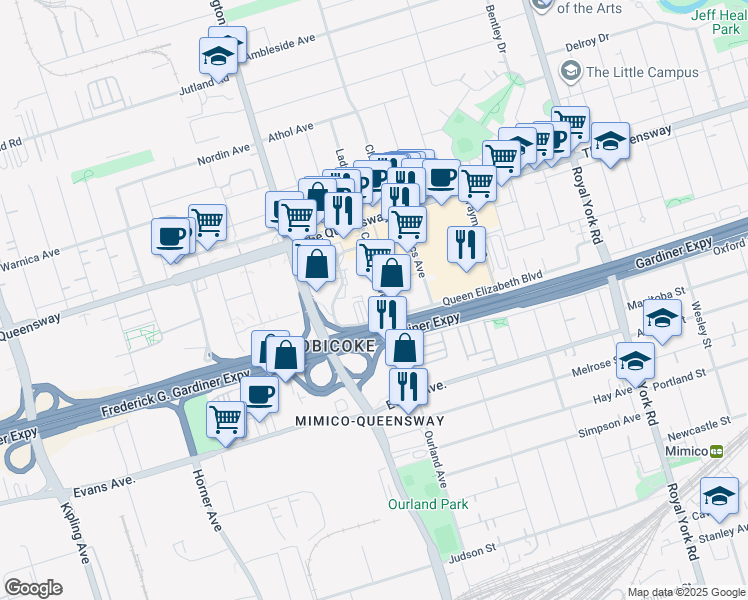 map of restaurants, bars, coffee shops, grocery stores, and more near 80 Queen Elizabeth Boulevard in Toronto