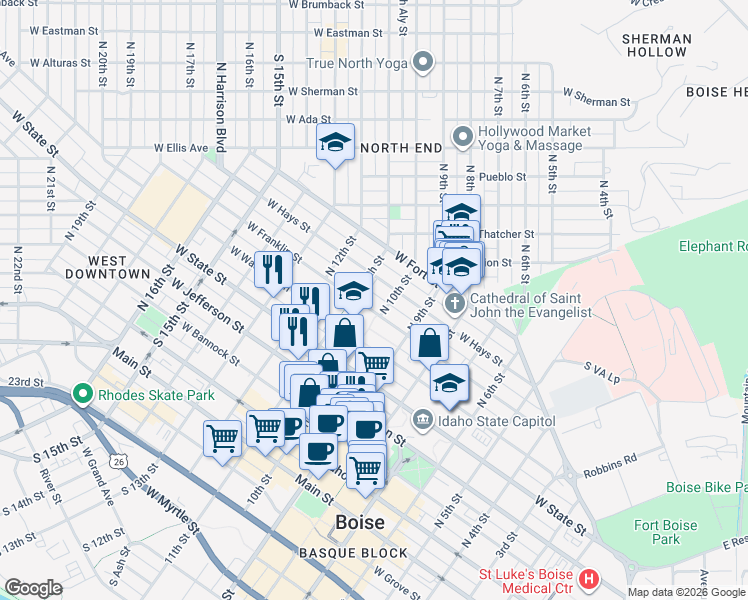 map of restaurants, bars, coffee shops, grocery stores, and more near 1908 West Washington Street in Boise