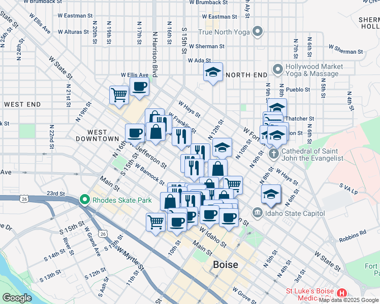 map of restaurants, bars, coffee shops, grocery stores, and more near 1202 West State Street in Boise