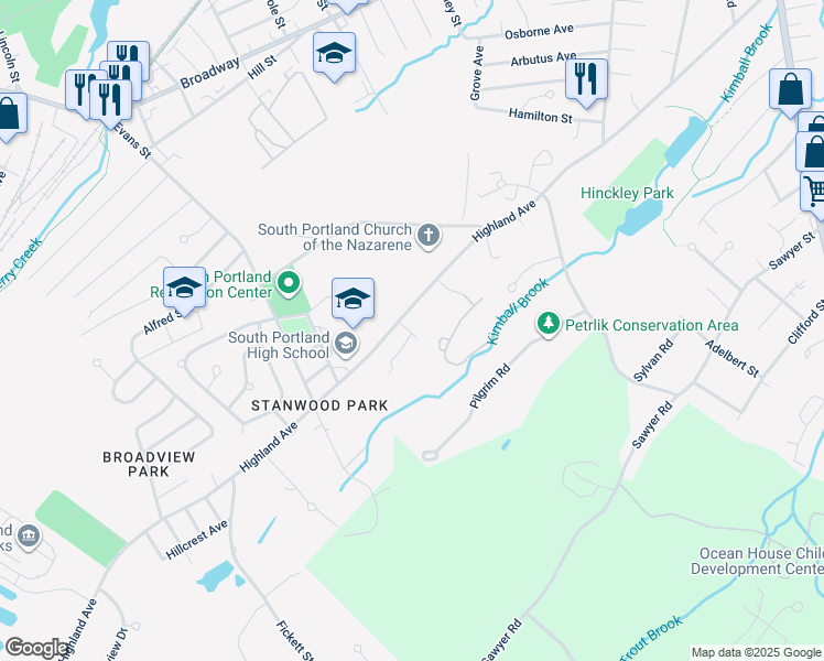 map of restaurants, bars, coffee shops, grocery stores, and more near 31 Preservation Lane in South Portland
