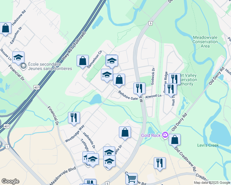 map of restaurants, bars, coffee shops, grocery stores, and more near 16 Westbridge Way in Mississauga