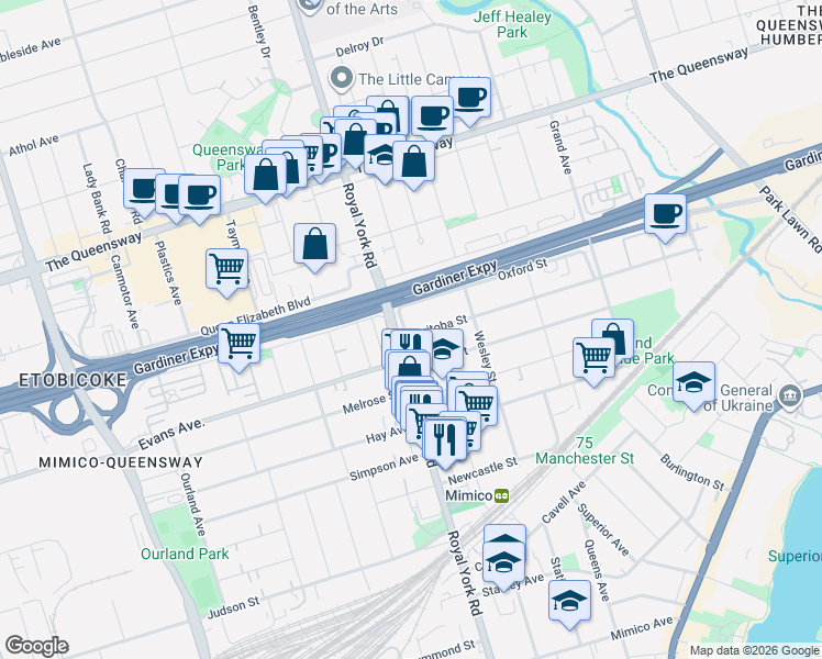 map of restaurants, bars, coffee shops, grocery stores, and more near 14 Manitoba Street in Toronto
