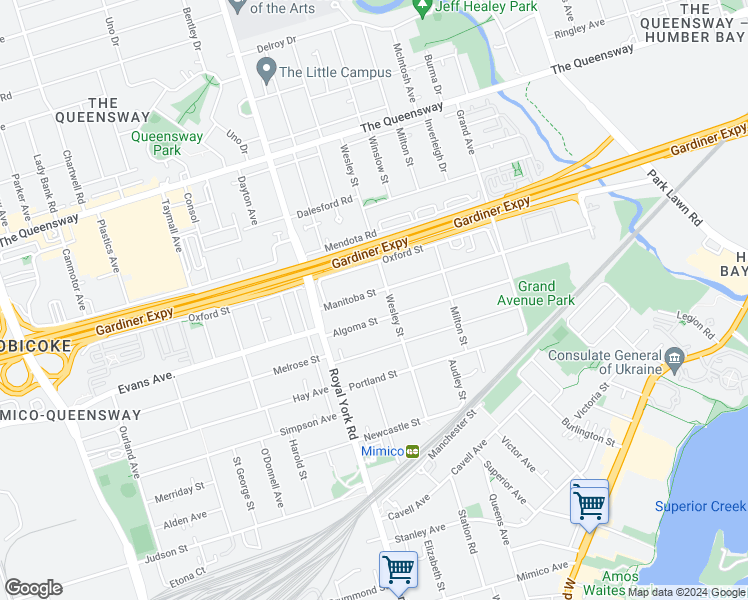 map of restaurants, bars, coffee shops, grocery stores, and more near 49 Manitoba Street in Toronto