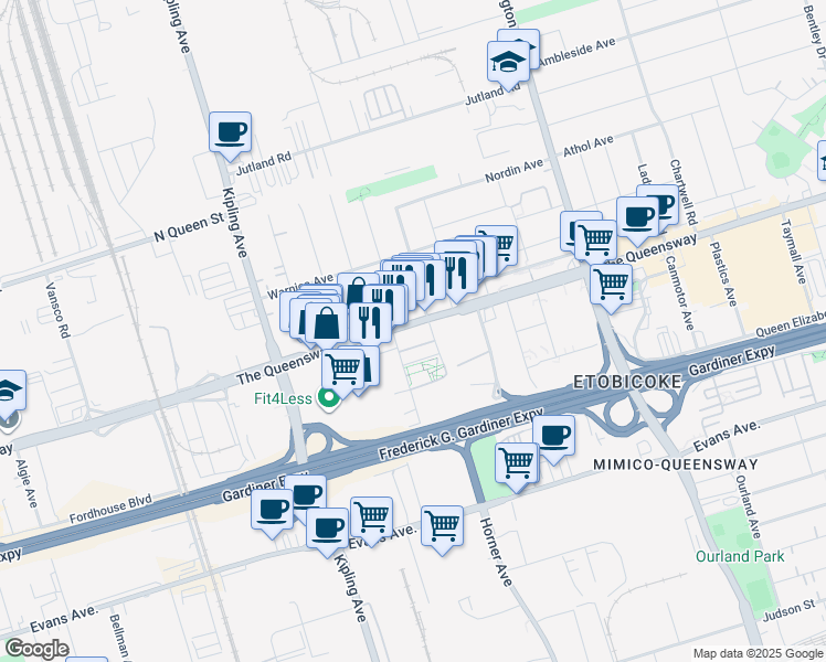 map of restaurants, bars, coffee shops, grocery stores, and more near 1185 The Queensway in Toronto