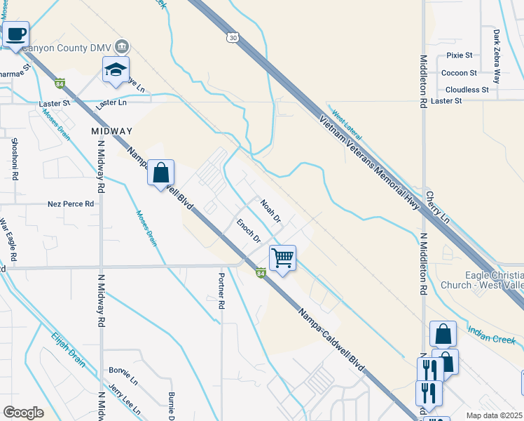 map of restaurants, bars, coffee shops, grocery stores, and more near 6902 Noah Drive in Caldwell