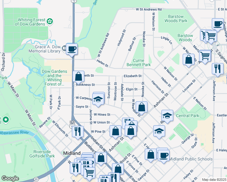 map of restaurants, bars, coffee shops, grocery stores, and more near 1505 Montrose Street in Midland