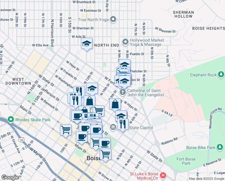 map of restaurants, bars, coffee shops, grocery stores, and more near 906 West Hays Street in Boise