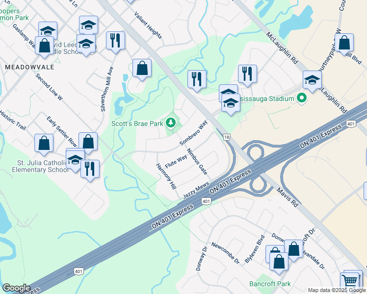 map of restaurants, bars, coffee shops, grocery stores, and more near 6660 Nimbus Gate in Mississauga