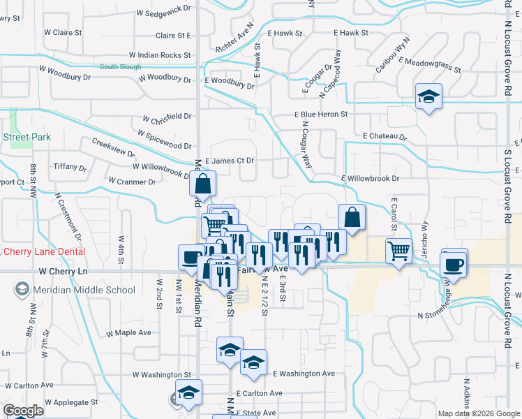 map of restaurants, bars, coffee shops, grocery stores, and more near 318 East Spinosa Drive in Meridian