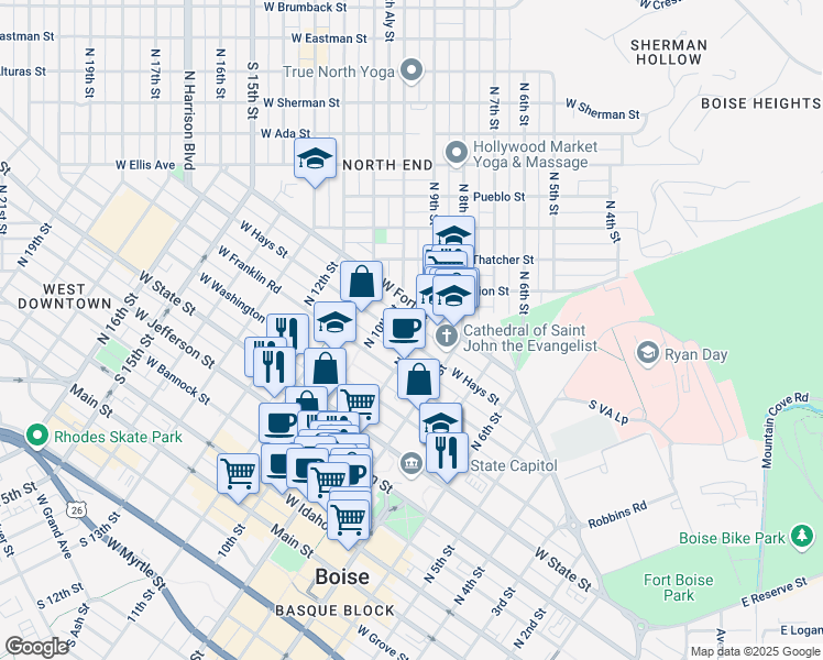 map of restaurants, bars, coffee shops, grocery stores, and more near 906 West Hays Street in Boise