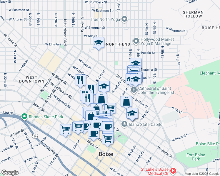 map of restaurants, bars, coffee shops, grocery stores, and more near 1908 West Washington Street in Boise