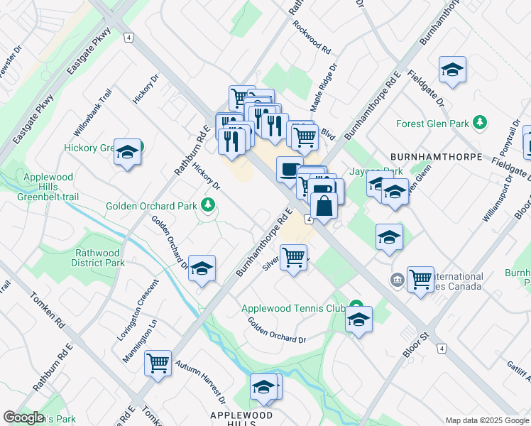 map of restaurants, bars, coffee shops, grocery stores, and more near 4048 Hickory Drive in Mississauga