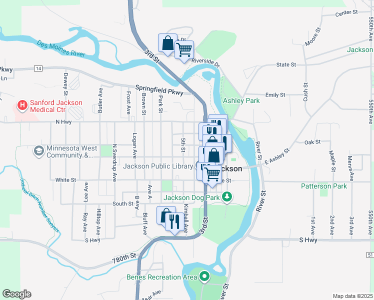 map of restaurants, bars, coffee shops, grocery stores, and more near 405 4th Street in Jackson
