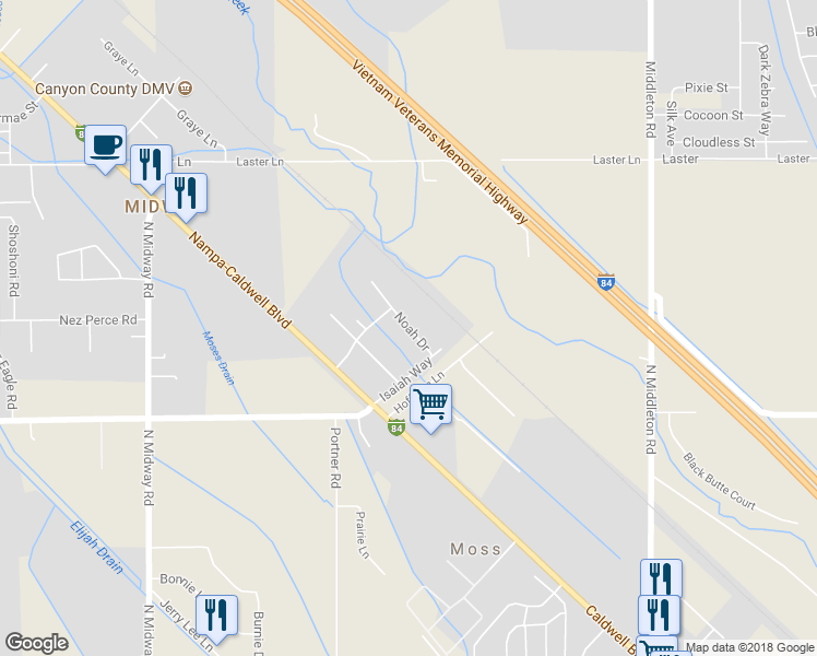 map of restaurants, bars, coffee shops, grocery stores, and more near 6822 Noah Drive in Caldwell