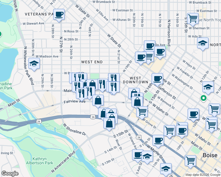 map of restaurants, bars, coffee shops, grocery stores, and more near 2227 West Main Street in Boise