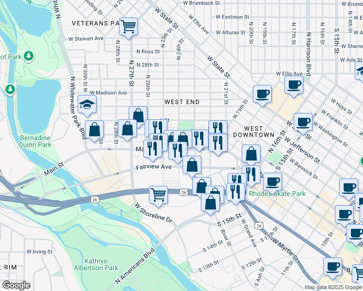 map of restaurants, bars, coffee shops, grocery stores, and more near 2401 West Main Street in Boise