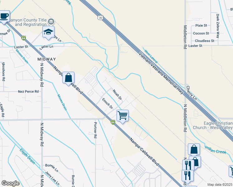 map of restaurants, bars, coffee shops, grocery stores, and more near 7005 Noah Drive in Caldwell