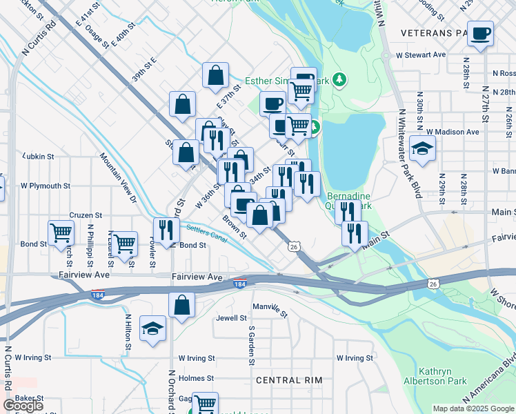 map of restaurants, bars, coffee shops, grocery stores, and more near 101-105 E 33rd St in Garden City