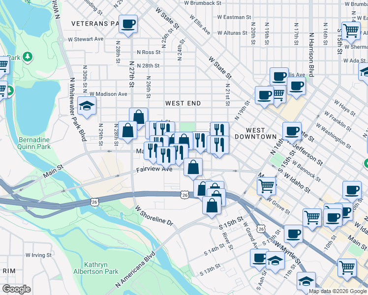 map of restaurants, bars, coffee shops, grocery stores, and more near 2401 West Main Street in Boise