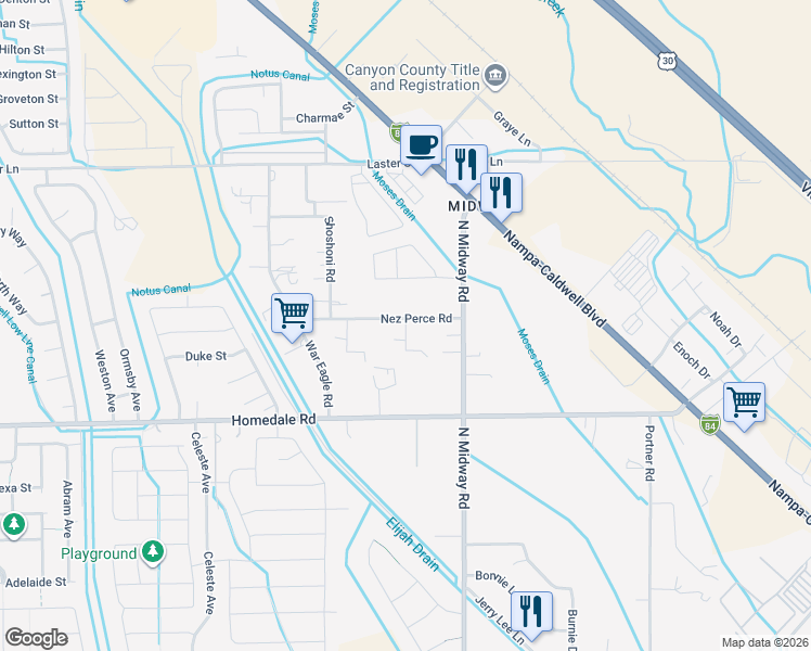 map of restaurants, bars, coffee shops, grocery stores, and more near 5423 Silver Place in Caldwell