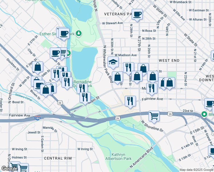 map of restaurants, bars, coffee shops, grocery stores, and more near 3150 West Main Street in Boise