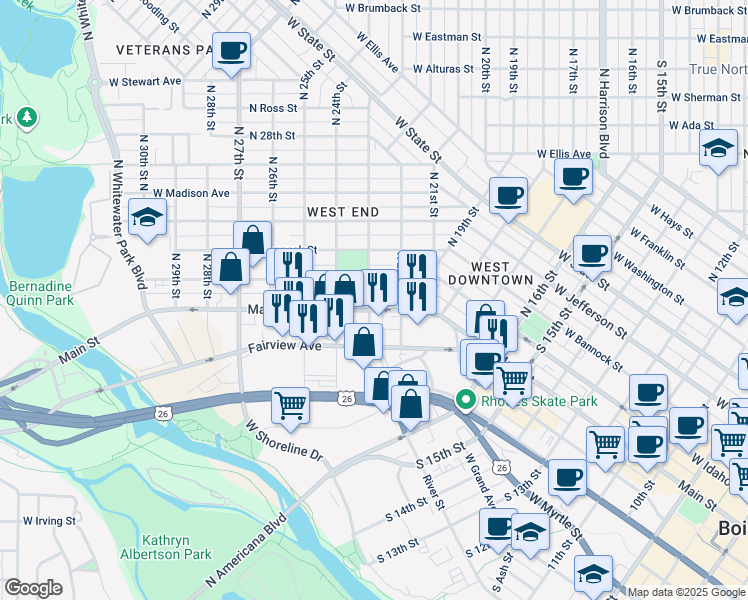 map of restaurants, bars, coffee shops, grocery stores, and more near 2301 West Main Street in Boise